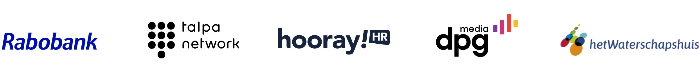 Logos of Rabobank, Talpa Network, HoorayHR, DPG Media and het Waterschapshuis